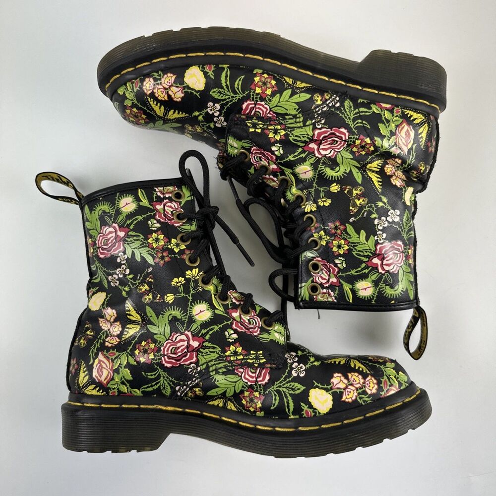 Dr Martens Floral Bloom Leather Combat Boot Lace Up Ankle Black Pink Womens 6 - Picture 7 of 13